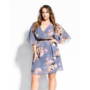 City Chic Dress Womens Size 20 Gray Pink Floral Chiffon Surplice Draped Flowy